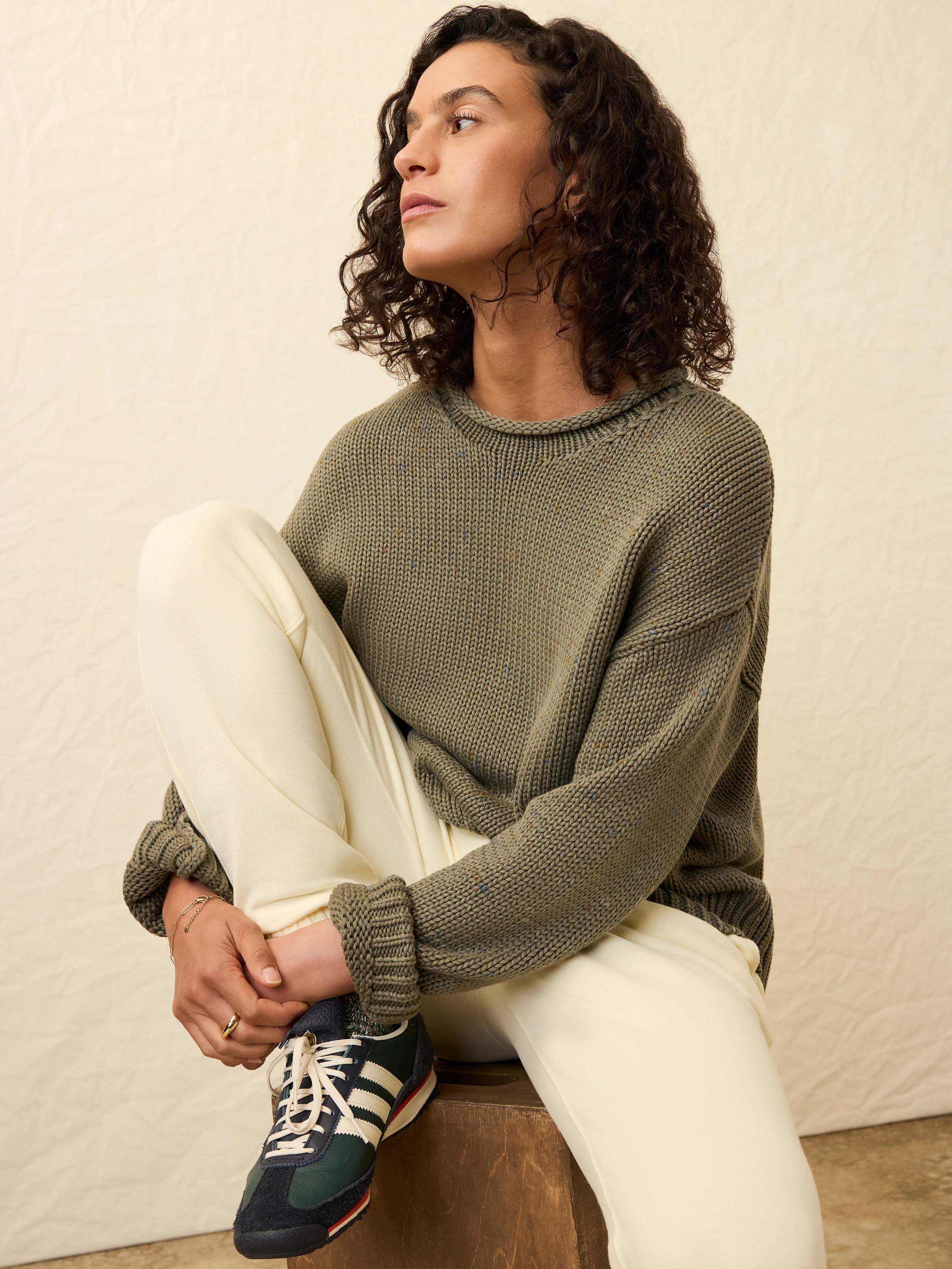 Sunwashed Cotton Roll Neck Sweater - Sage