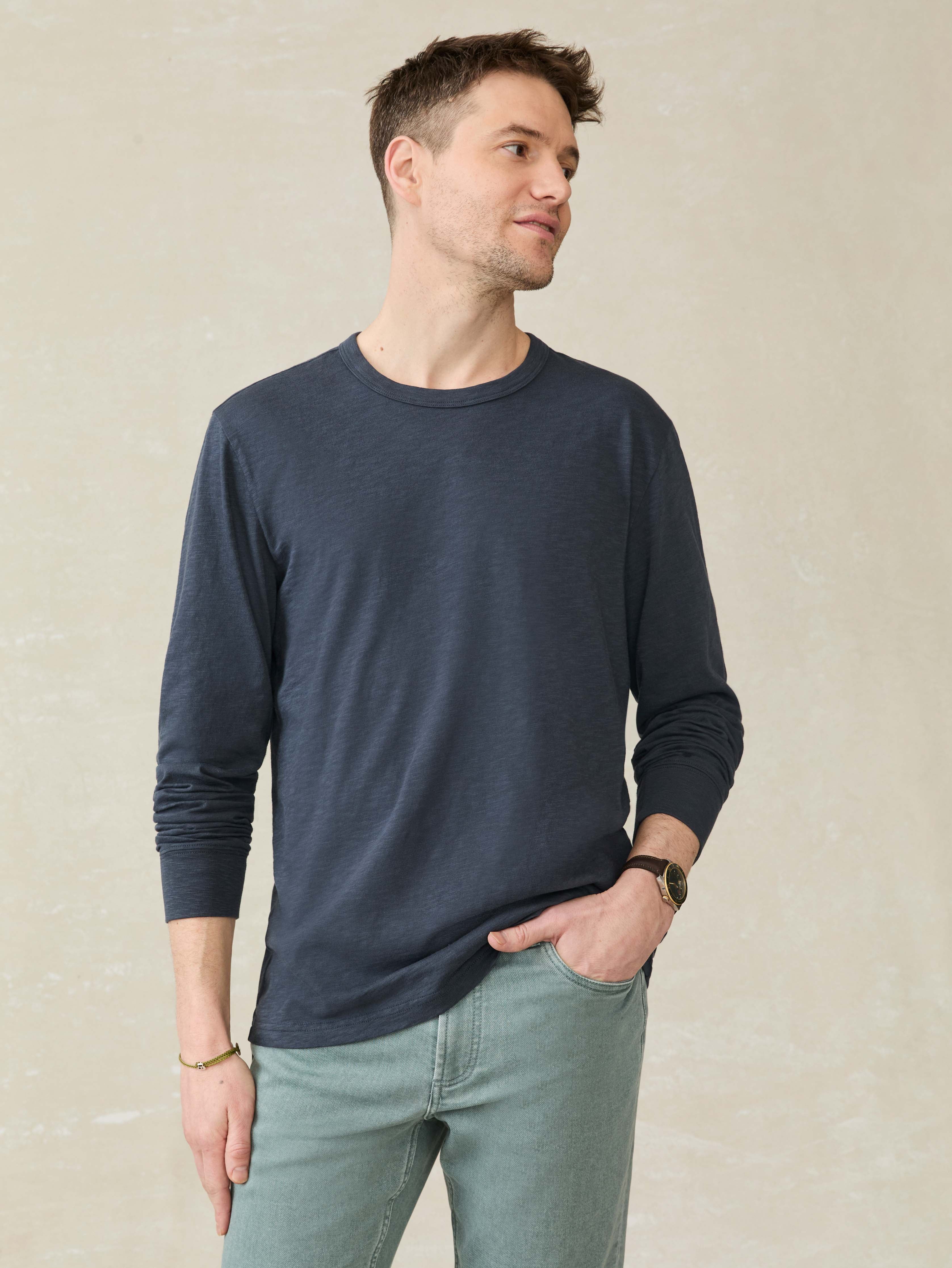 Long-Sleeve Sunwashed Regenerative Cotton Tee - Dune Navy