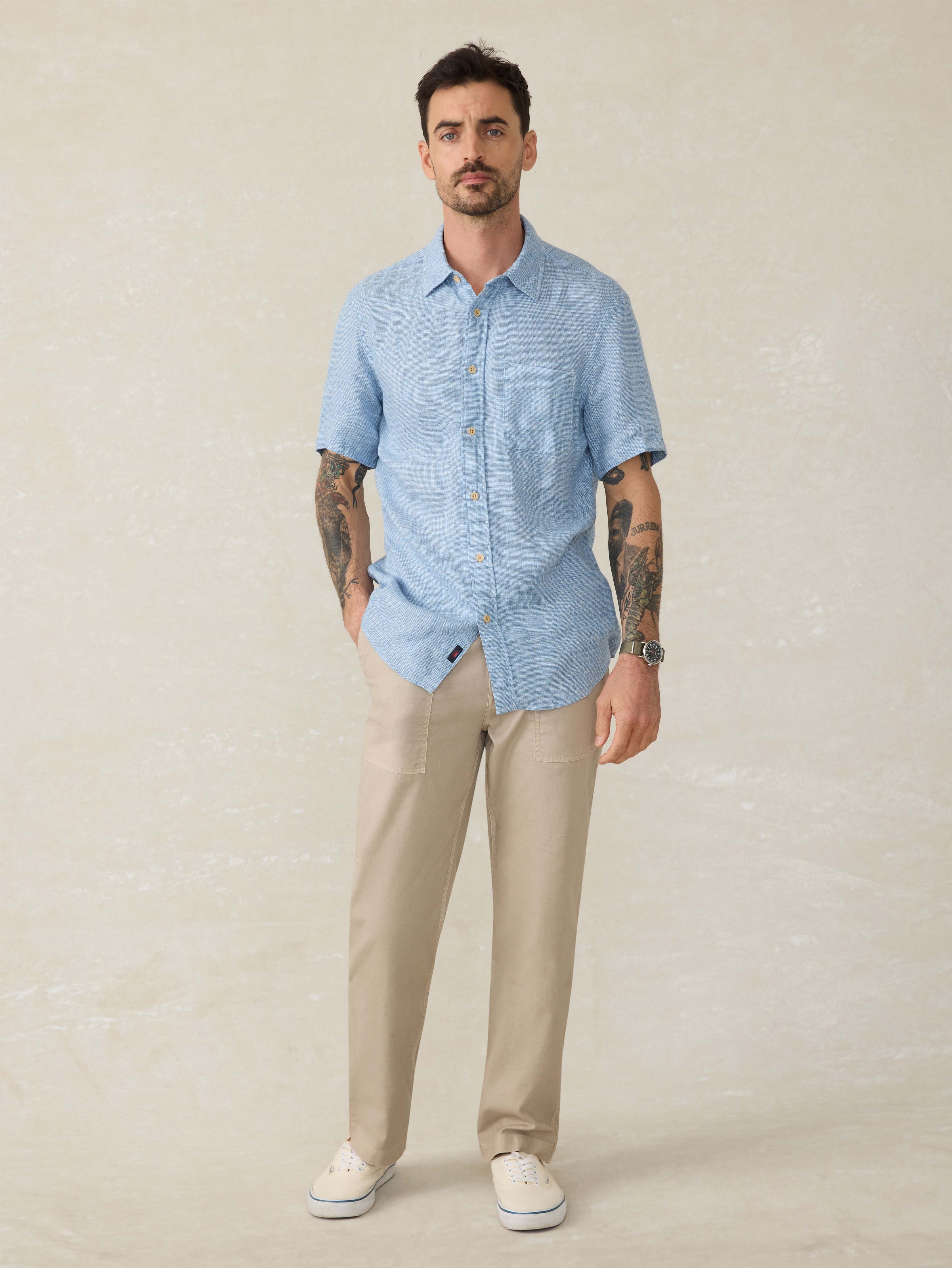 Short-Sleeve Palma Linen Shirt - Blue Basketweave