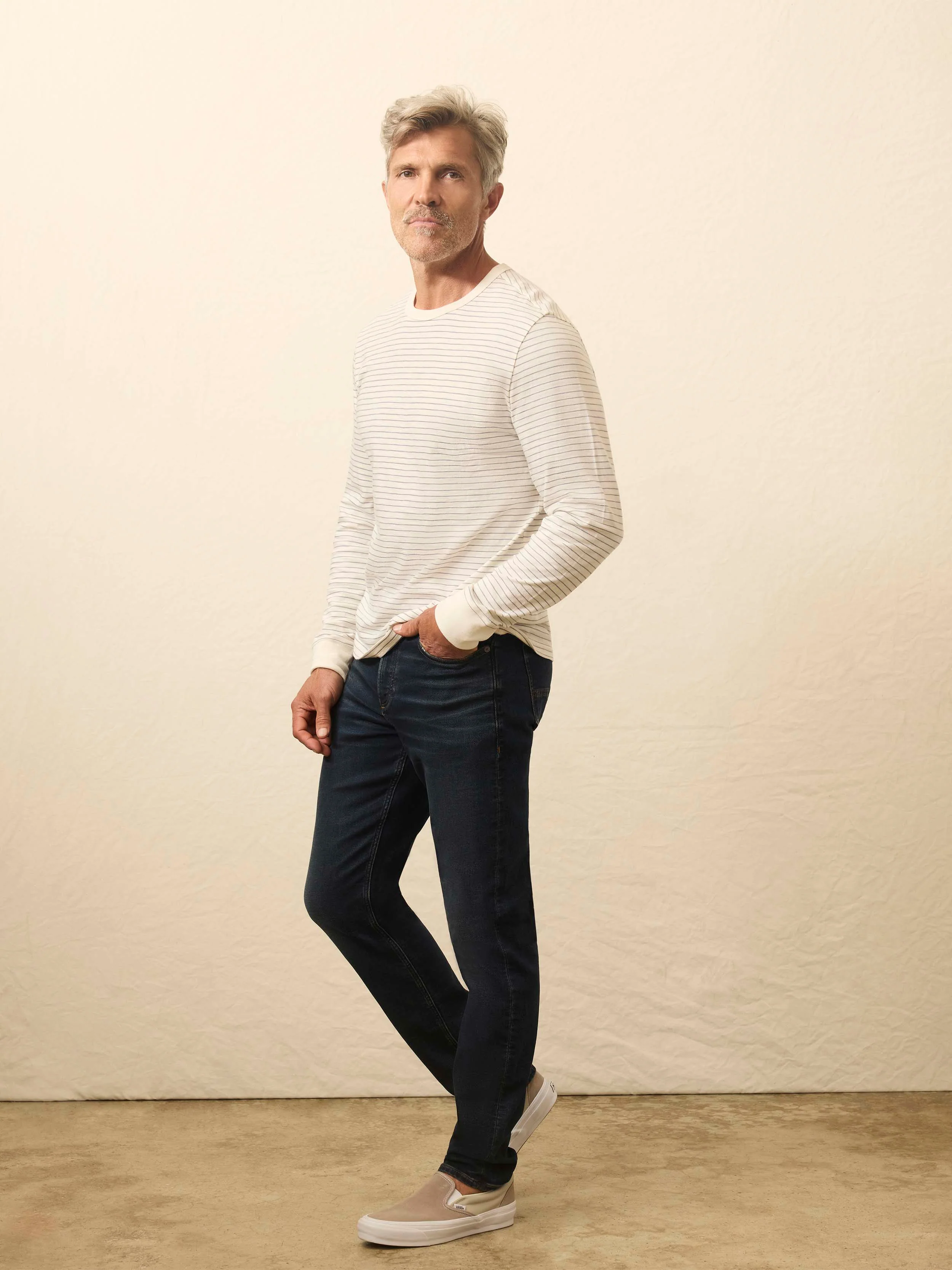 Long-Sleeve Sunwashed Regenerative Cotton Tee - Cream Flint Stripe