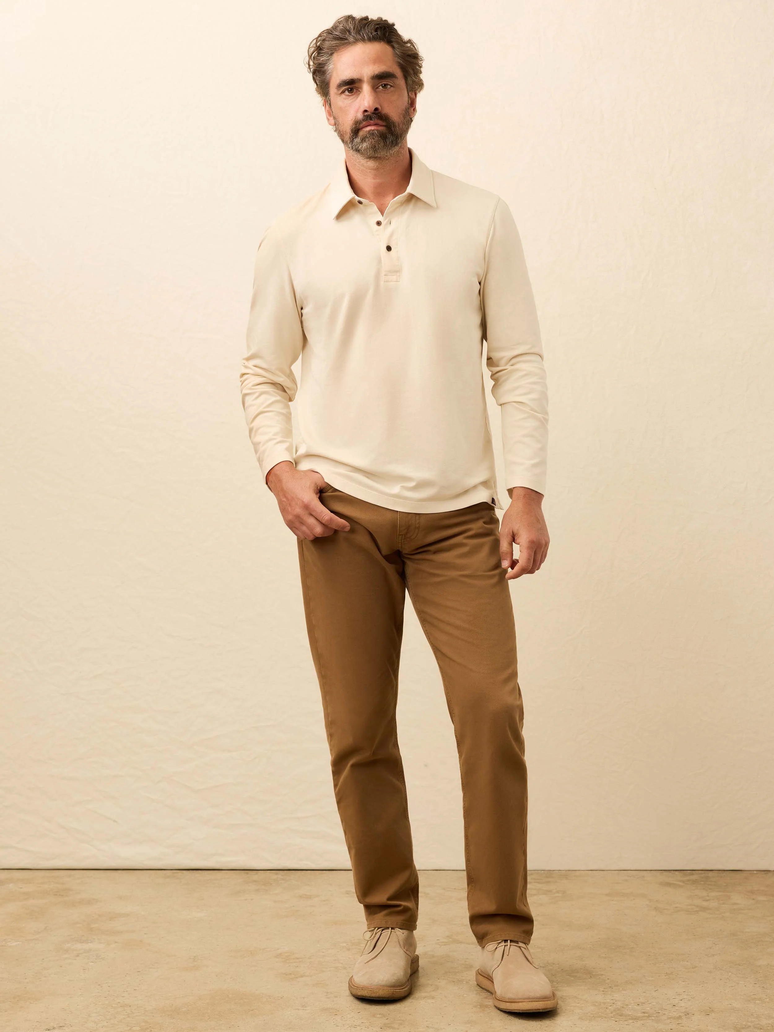 Long-Sleeve Field Knit Polo - Coastal Cream