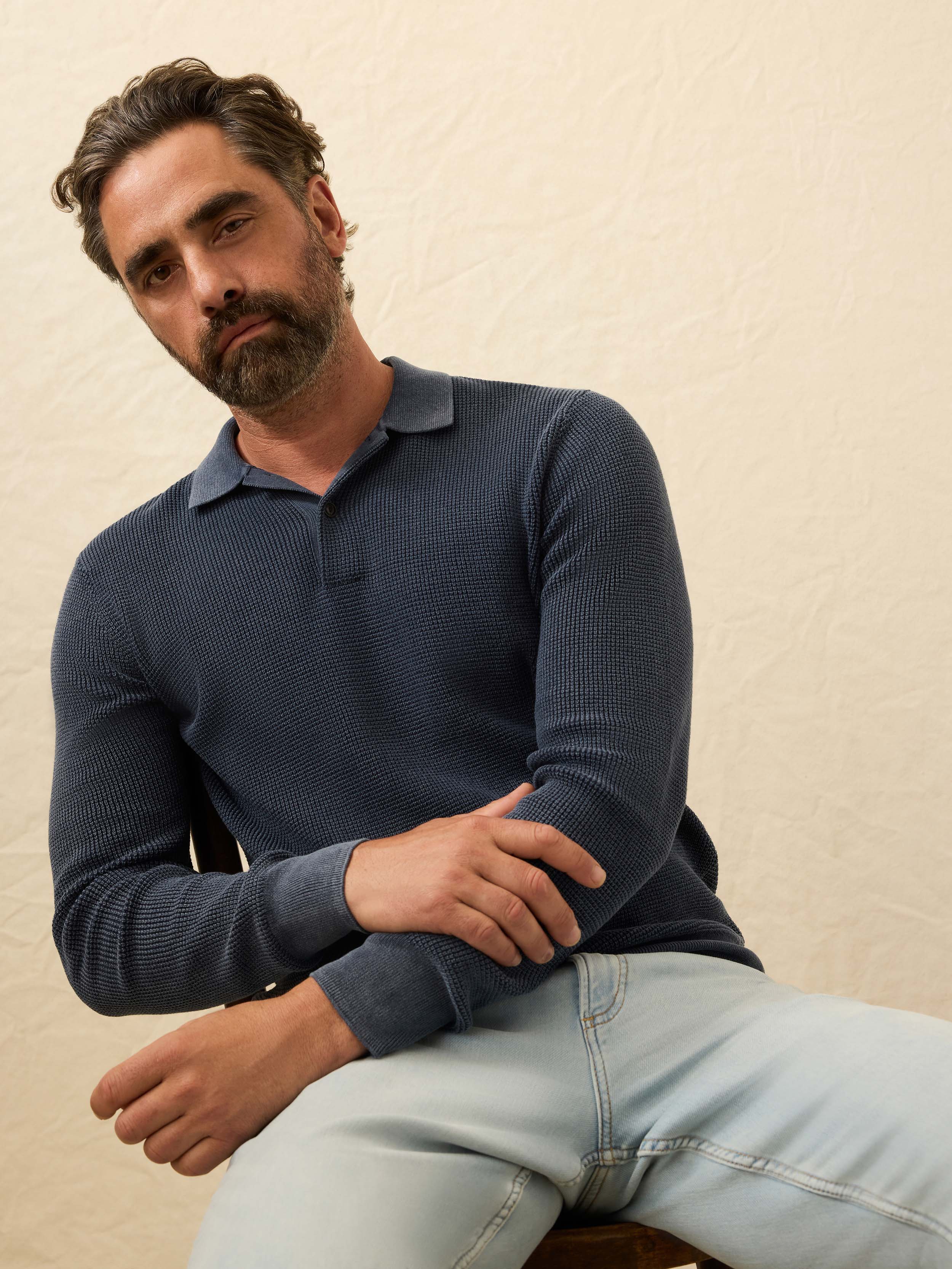 Long-Sleeve Sunwashed Sweater Polo - Blue Nights
