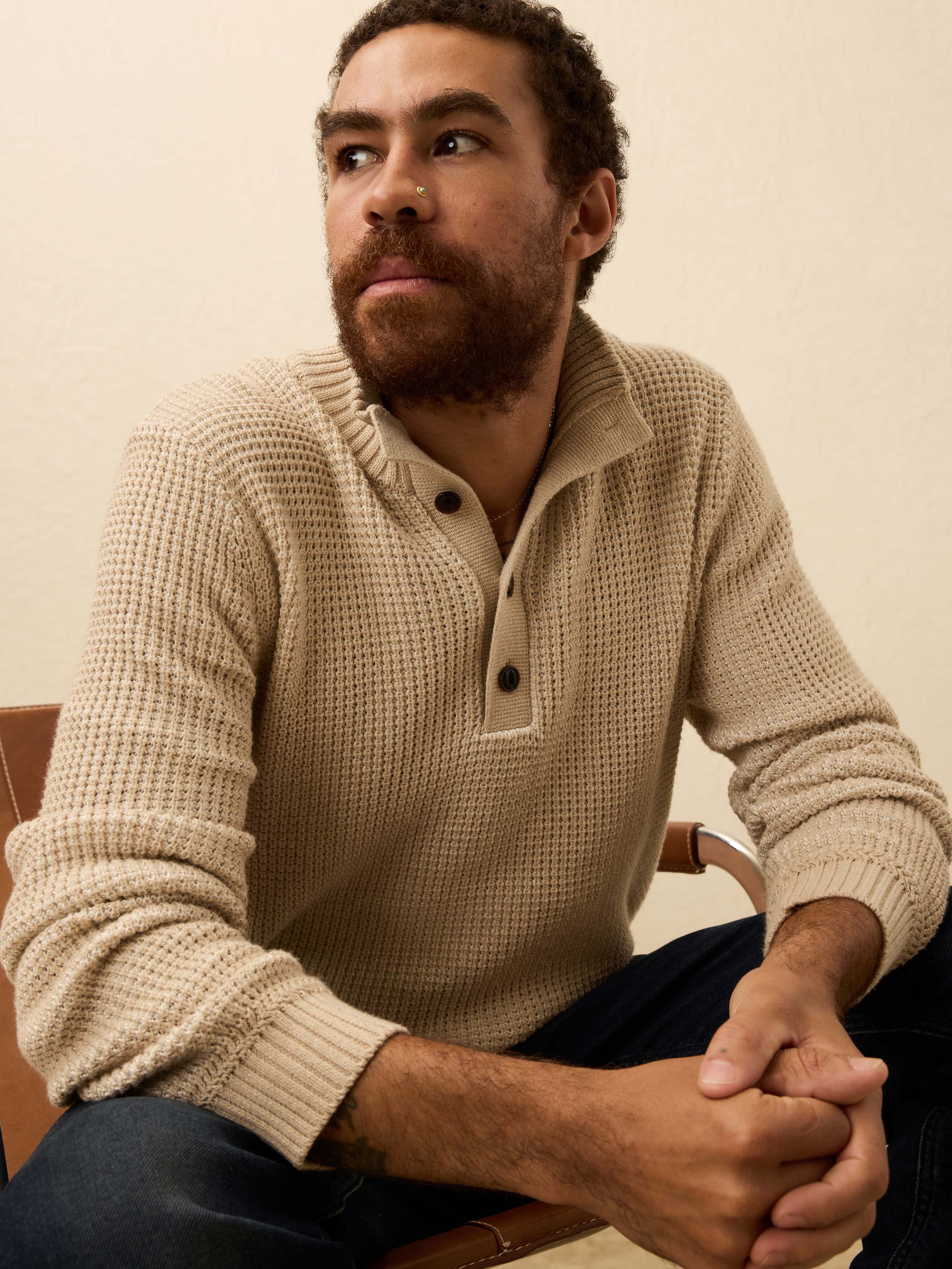 Quarter Button Sweater - Alpine Khaki