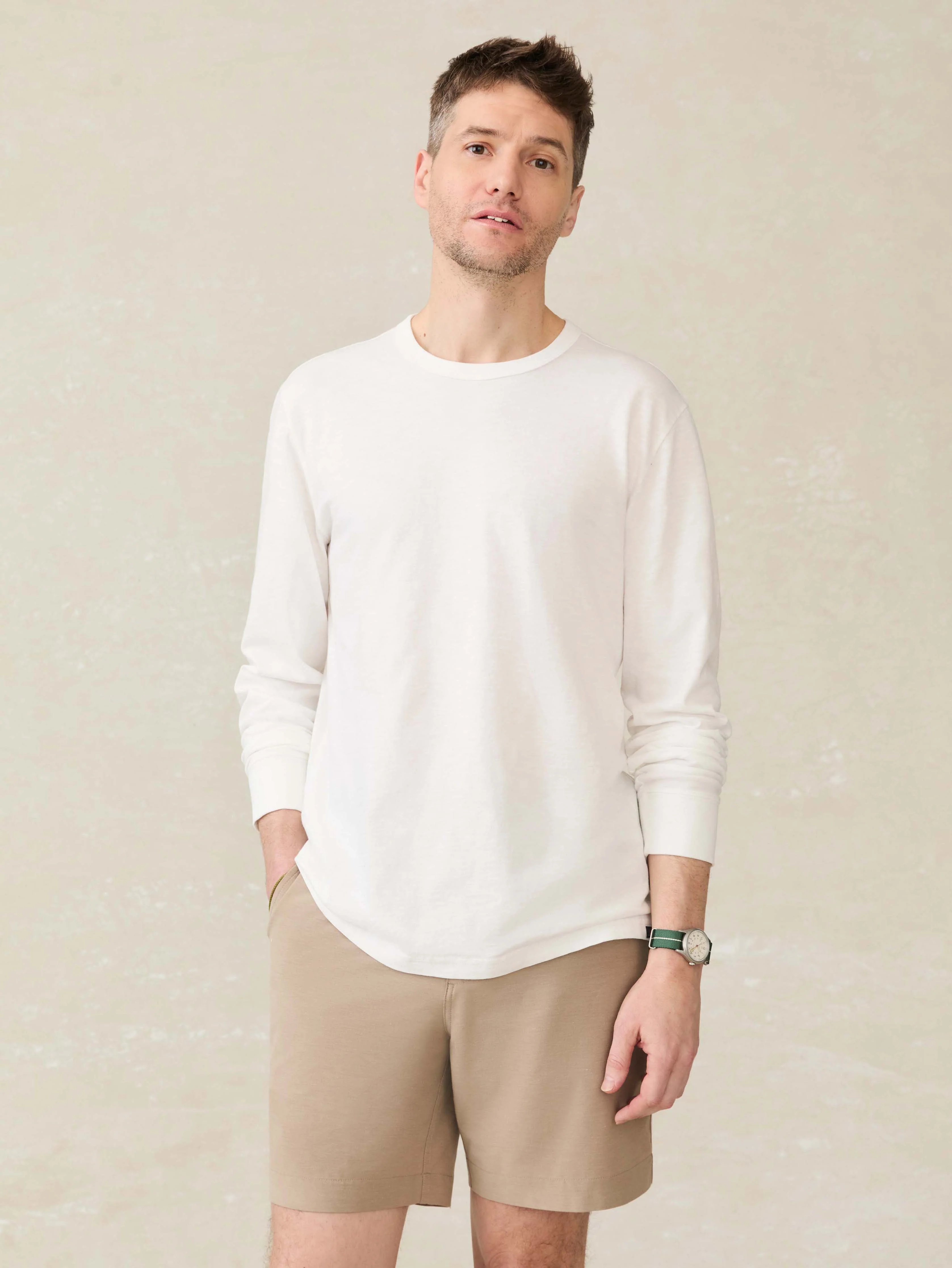 Long-Sleeve Sunwashed Regenerative Cotton Tee - White