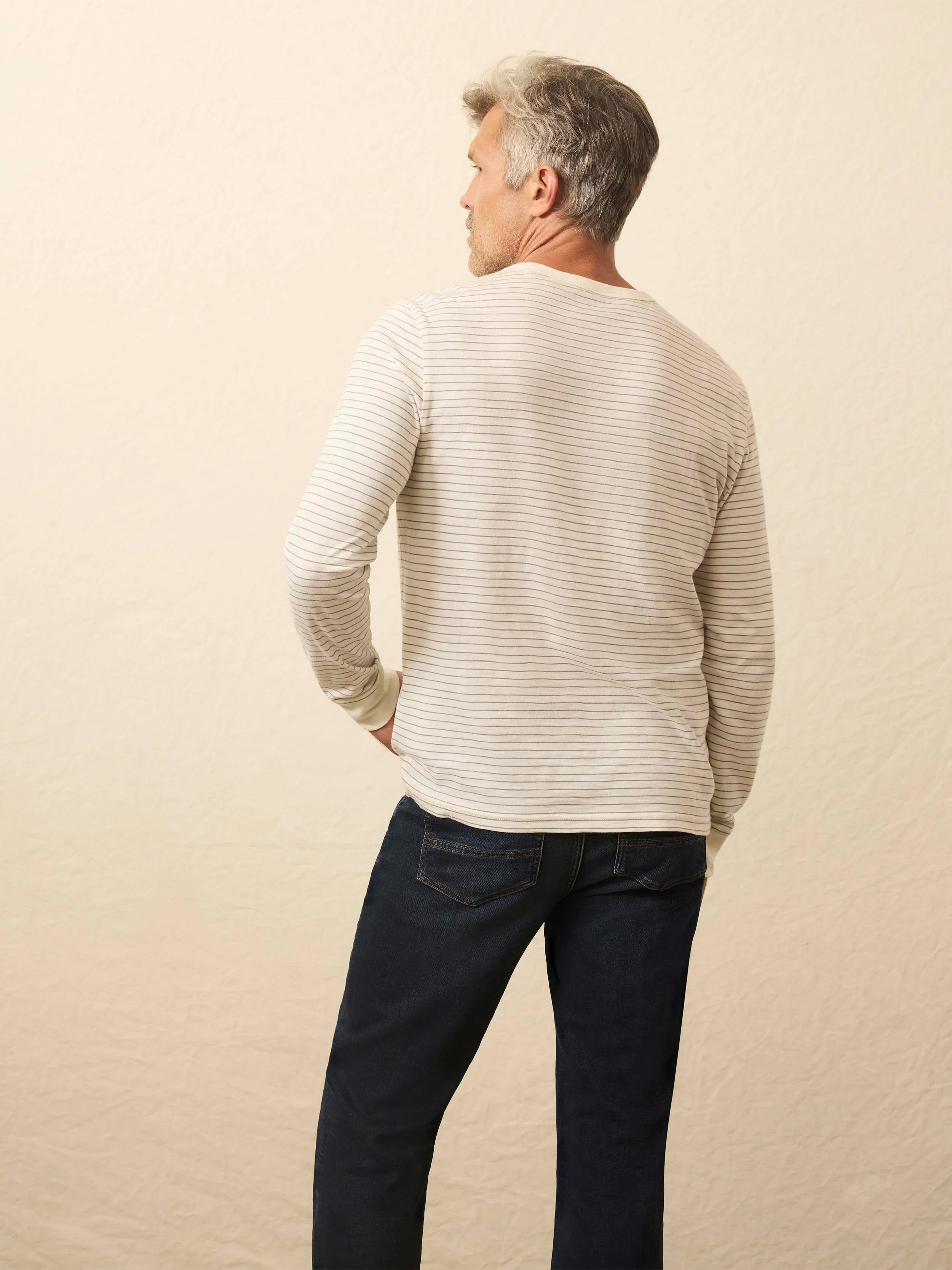 Long-Sleeve Sunwashed Regenerative Cotton Tee - Cream Flint Stripe