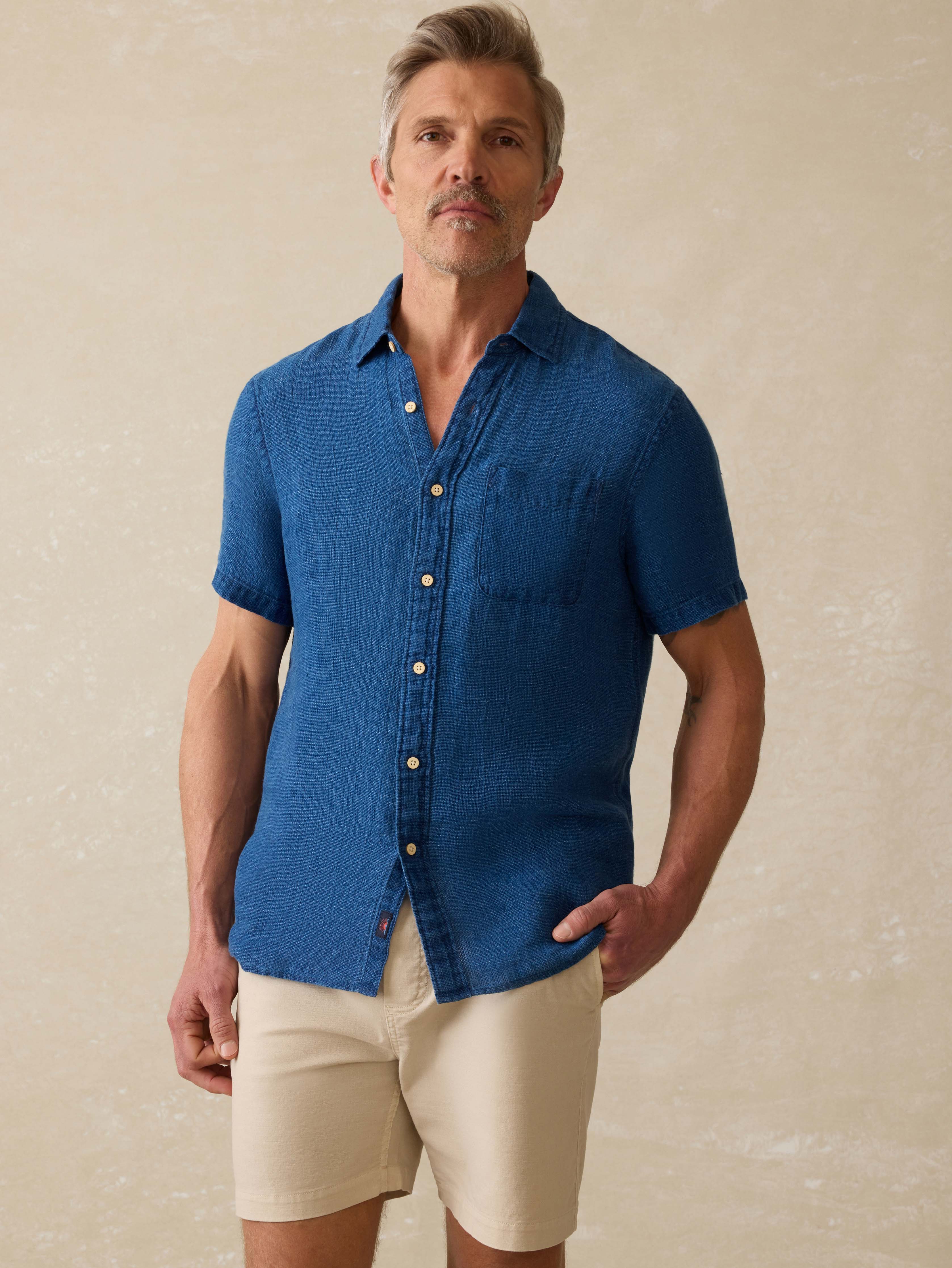 Short-Sleeve Palma Linen Shirt - Indigo Basketweave