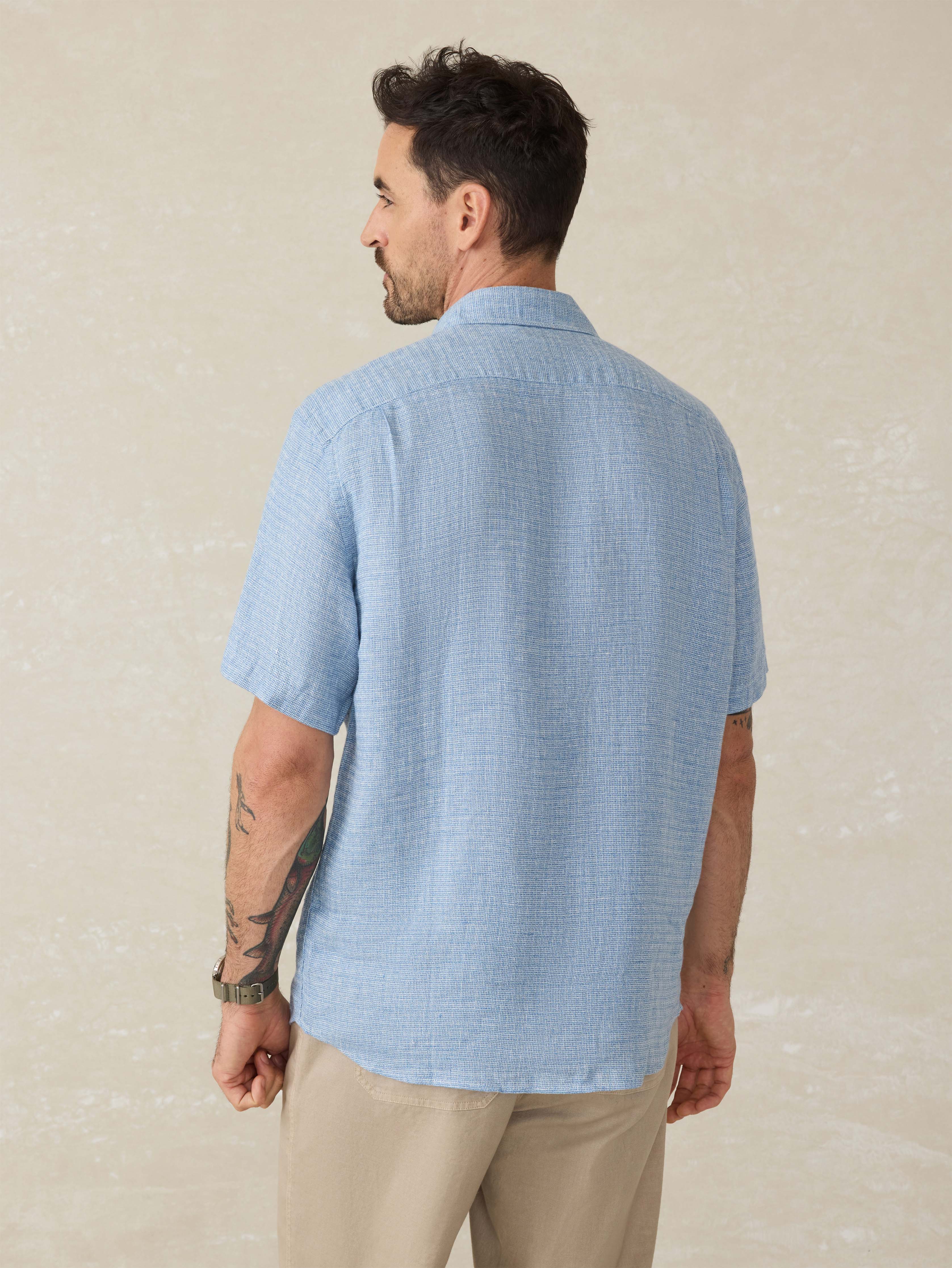 Short-Sleeve Palma Linen Shirt - Blue Basketweave