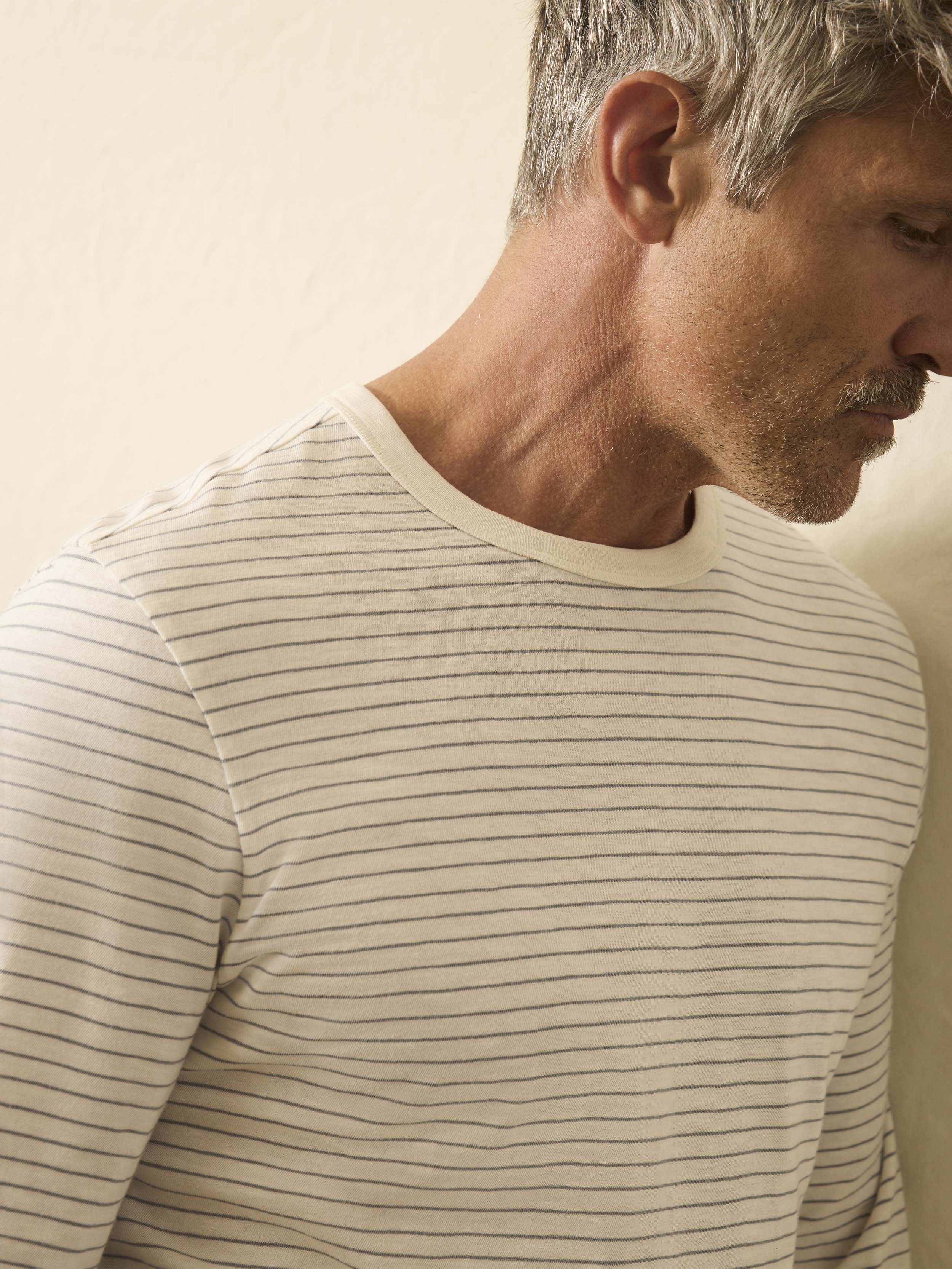 Long-Sleeve Sunwashed Regenerative Cotton Tee - Cream Flint Stripe