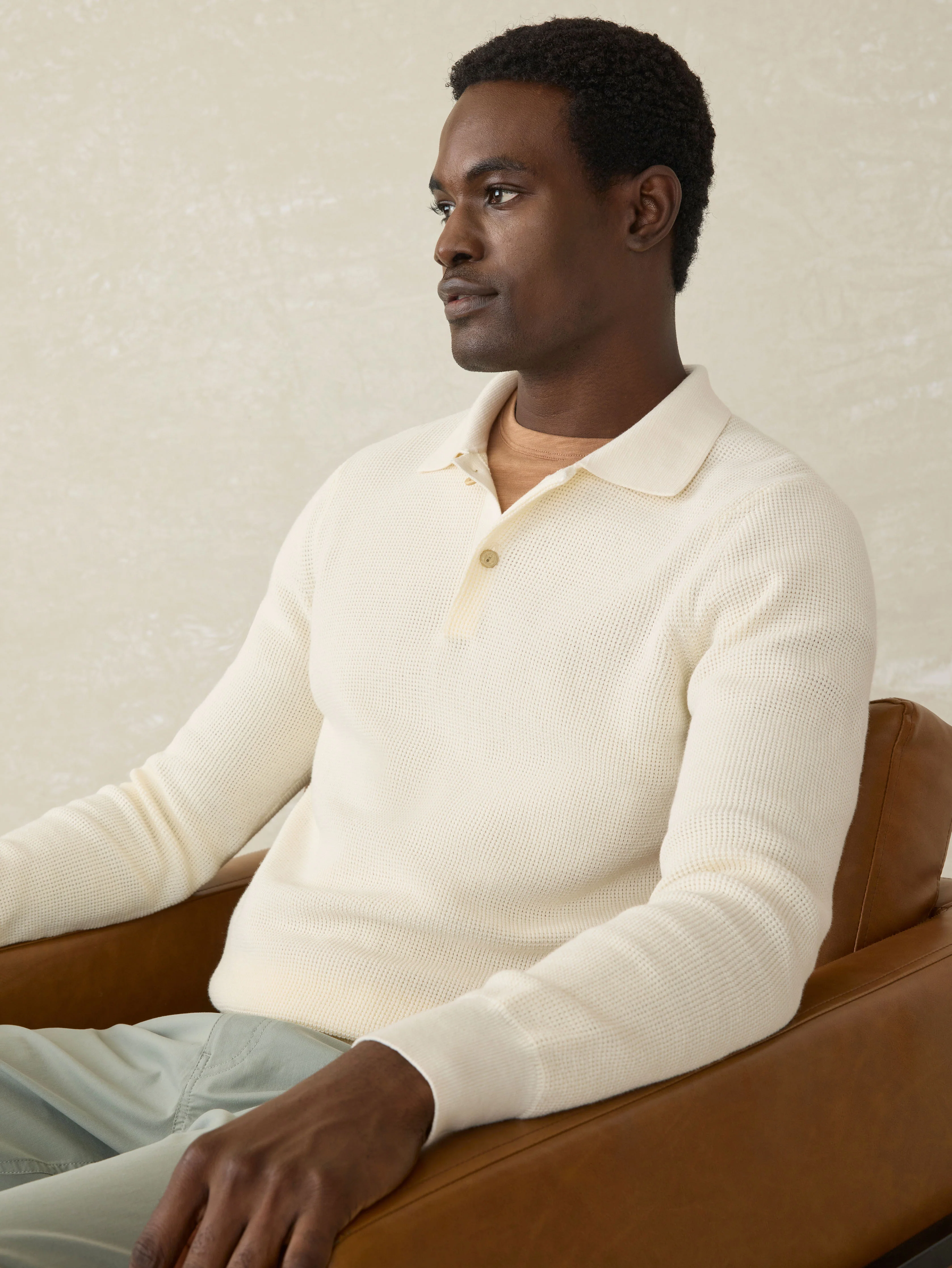 Long-Sleeve Sunwashed Sweater Polo - White Shell