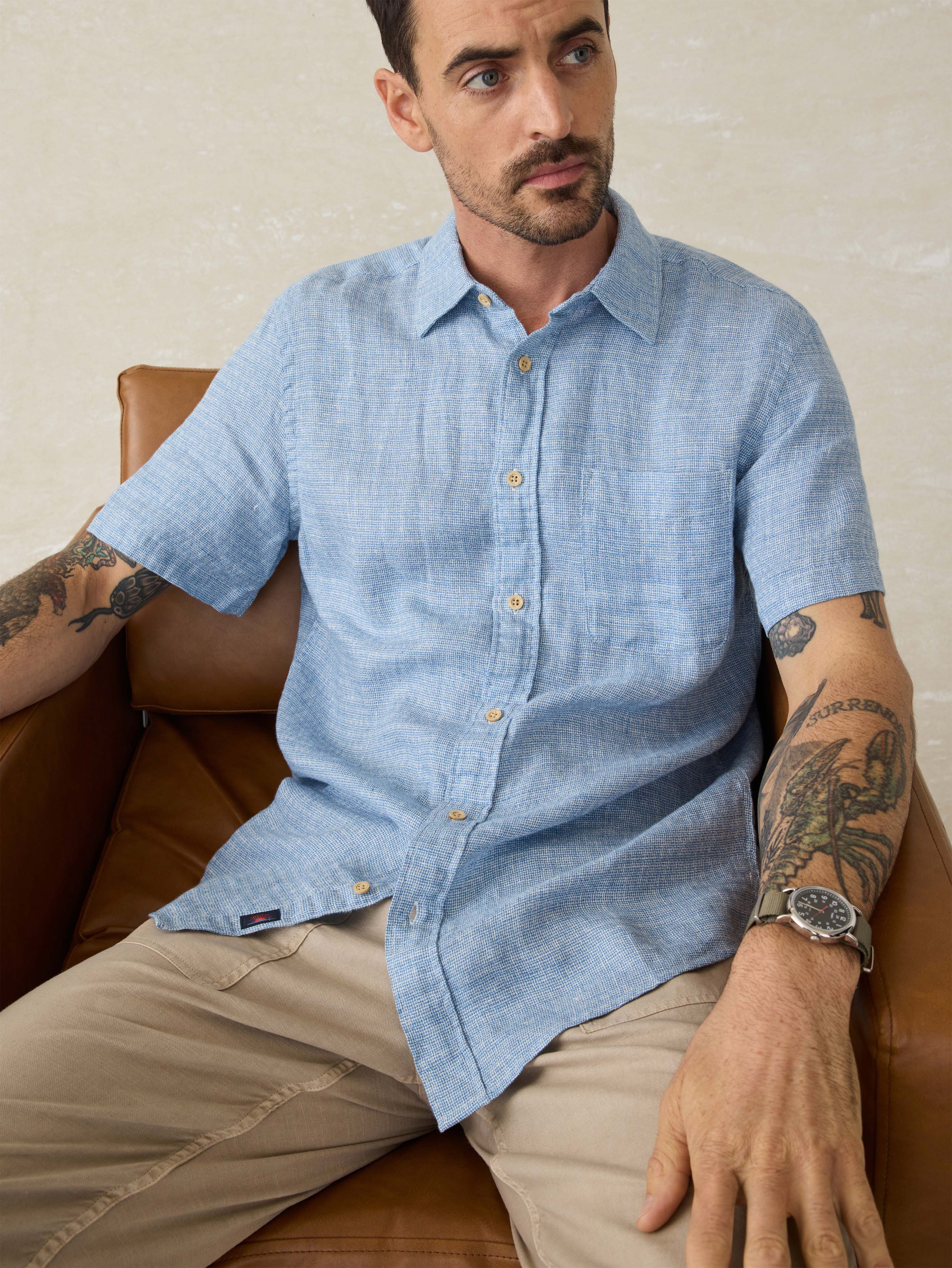 Short-Sleeve Palma Linen Shirt - Blue Basketweave