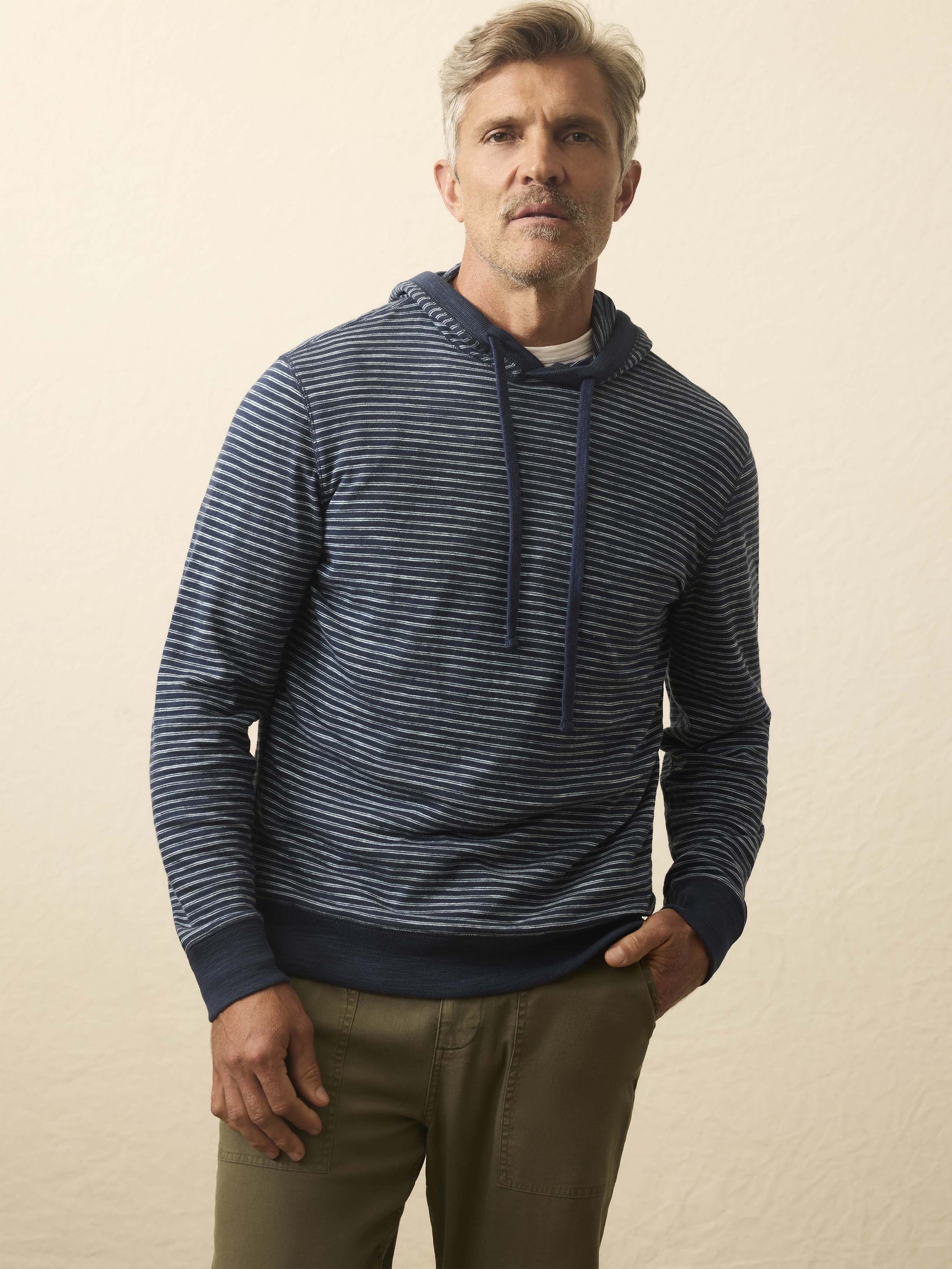 Sunwashed Midweight Organic Hoodie - Navy Stream Stripe