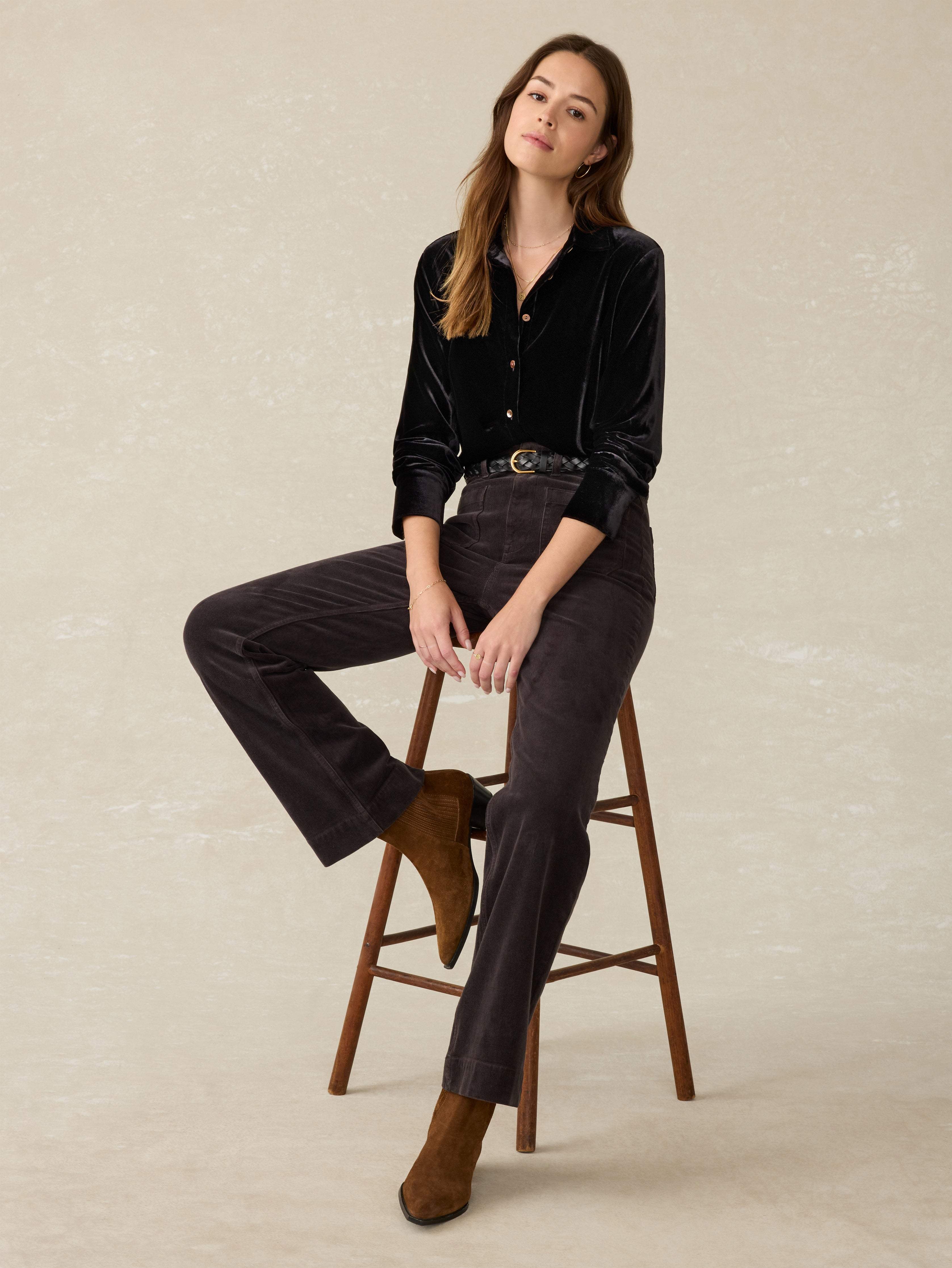 Stretch Silk Velvet Genevieve Shirt - Black