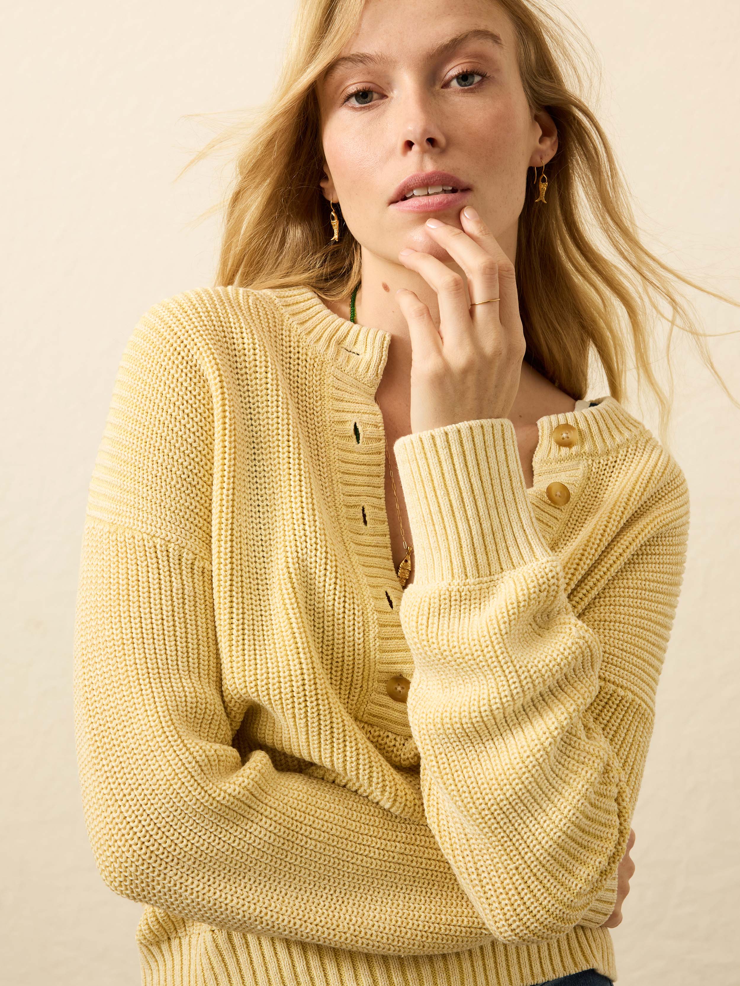 Sunwashed Cotton Fisherman Henley - Lemon Sorbet