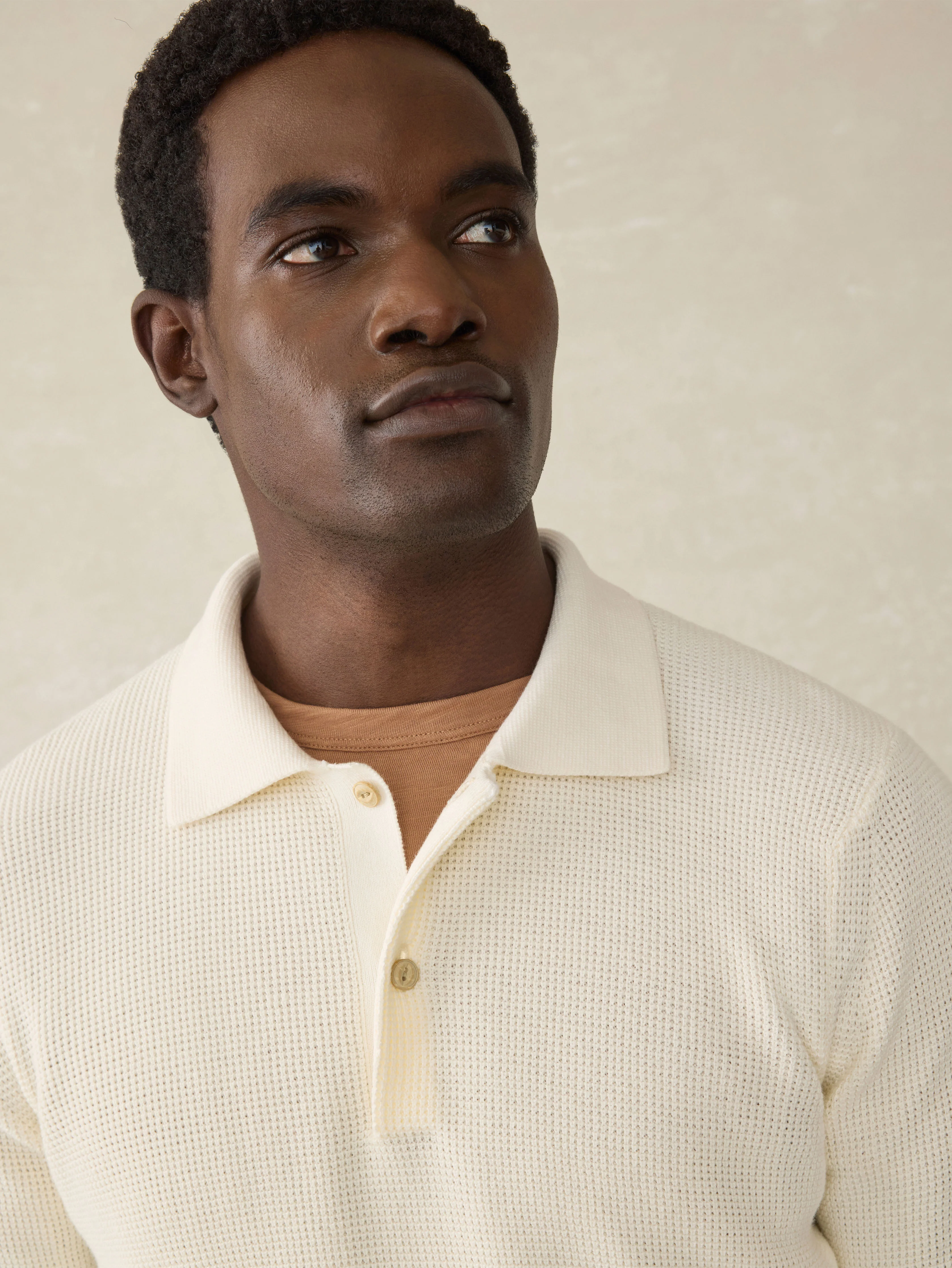 Long-Sleeve Sunwashed Sweater Polo - White Shell