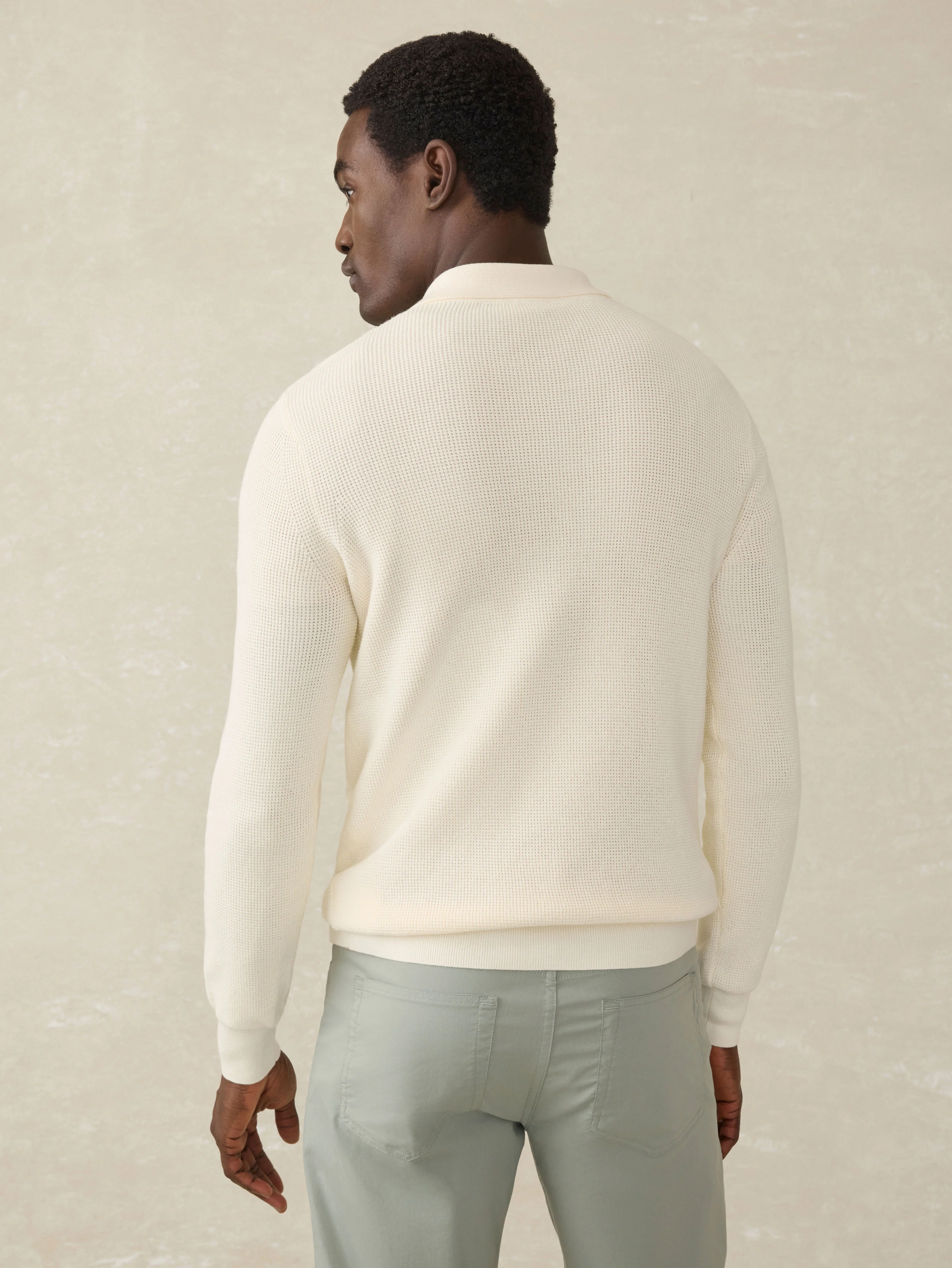 Long-Sleeve Sunwashed Sweater Polo - White Shell