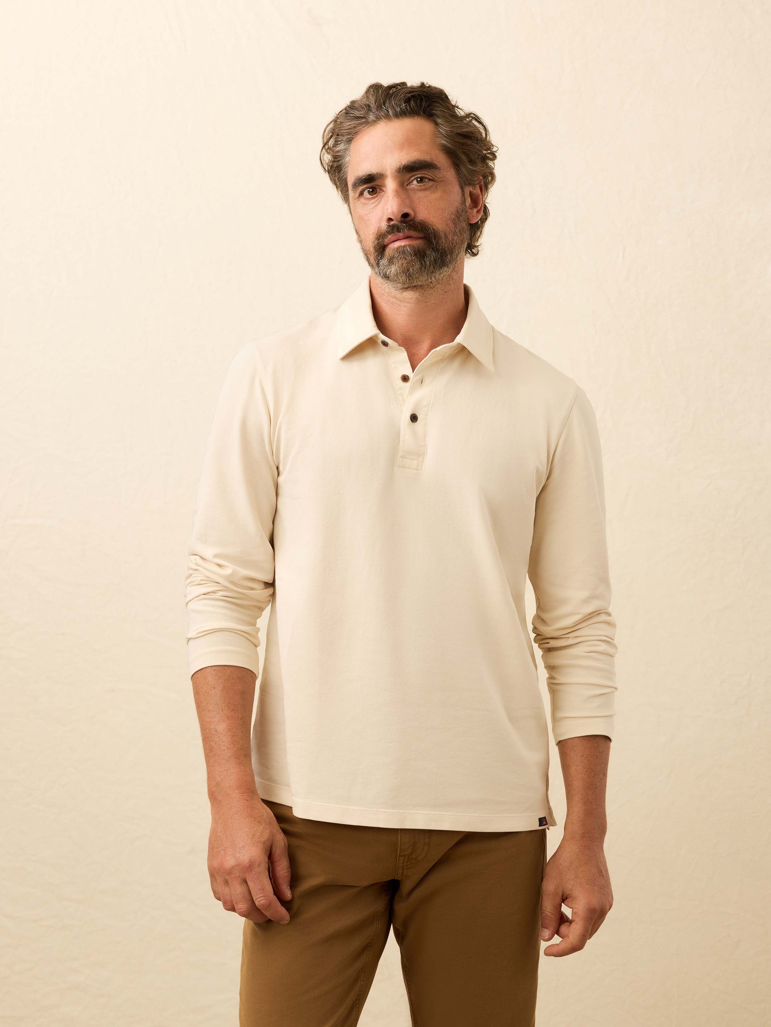 Long-Sleeve Field Knit Polo - Coastal Cream