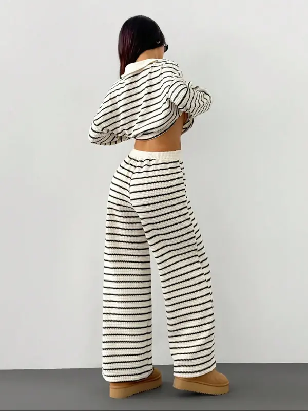 Women's Striped V-Neck Long Sleeve T-Shirt & Elastic Waist Pants Set, Casual Fall Winter, Loose Fit, Regular Length