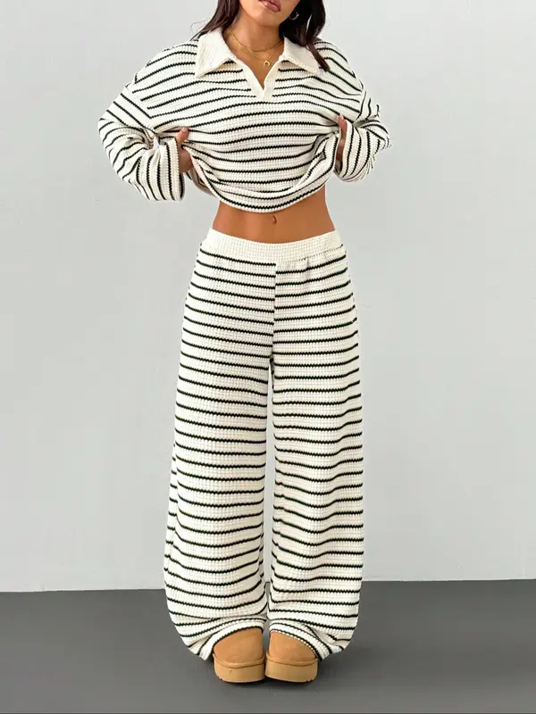 Women's Striped V-Neck Long Sleeve T-Shirt & Elastic Waist Pants Set, Casual Fall Winter, Loose Fit, Regular Length
