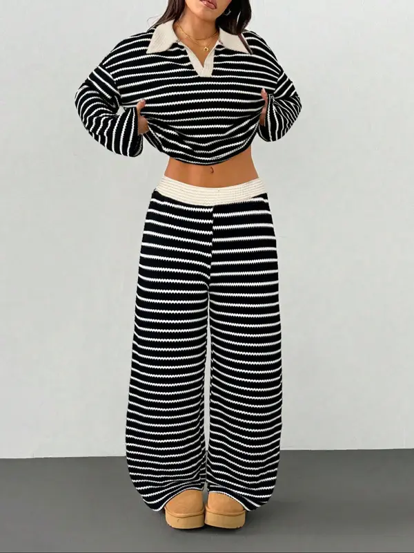 Women's Striped V-Neck Long Sleeve T-Shirt & Elastic Waist Pants Set, Casual Fall Winter, Loose Fit, Regular Length