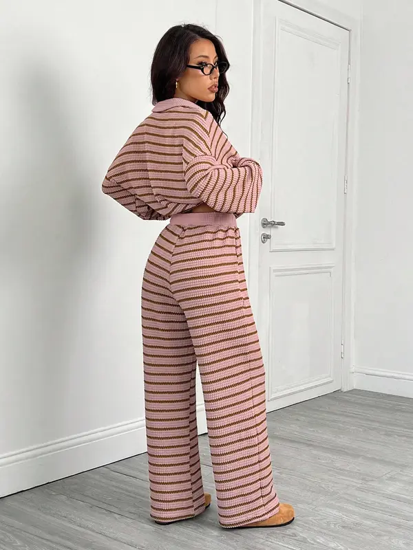 Women's Striped V-Neck Long Sleeve T-Shirt & Elastic Waist Pants Set, Casual Fall Winter, Loose Fit, Regular Length