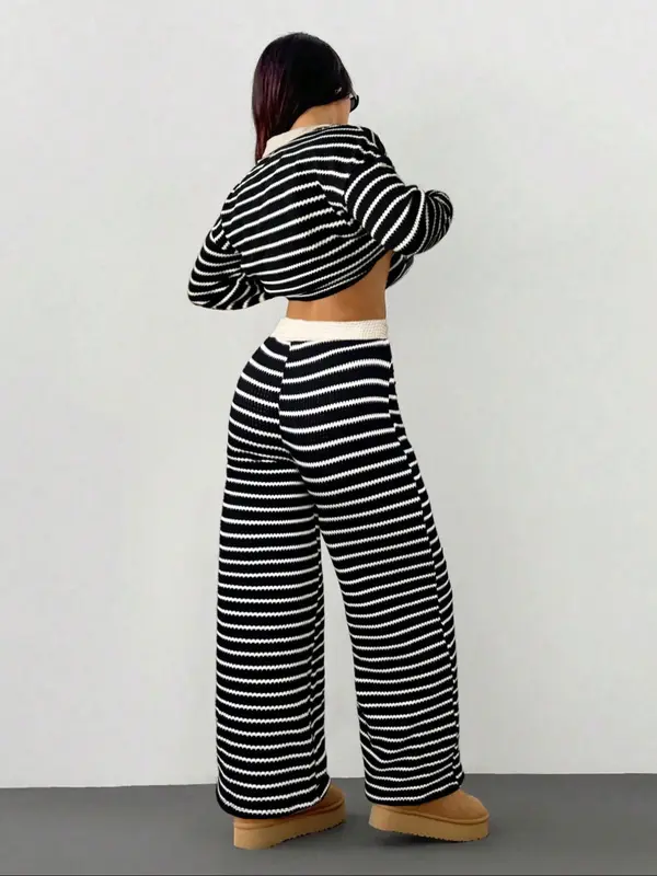 Women's Striped V-Neck Long Sleeve T-Shirt & Elastic Waist Pants Set, Casual Fall Winter, Loose Fit, Regular Length