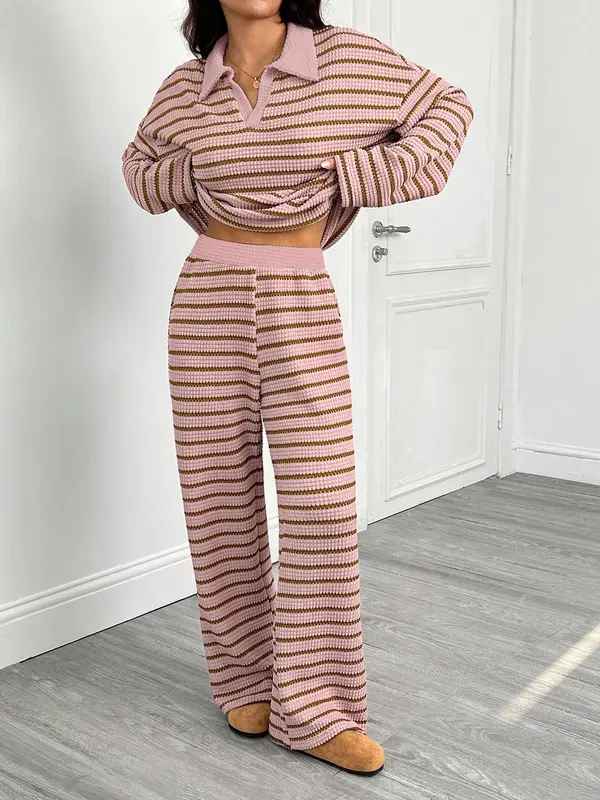 Women's Striped V-Neck Long Sleeve T-Shirt & Elastic Waist Pants Set, Casual Fall Winter, Loose Fit, Regular Length