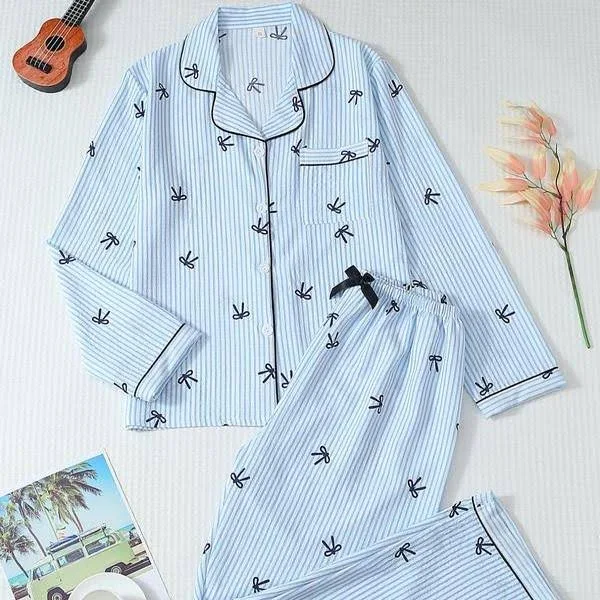 Women's Striped Bow Print Long Sleeve Pajama Set, Sweet Cute Button Front Top and Pants, Casual Home Wear for All Seasons