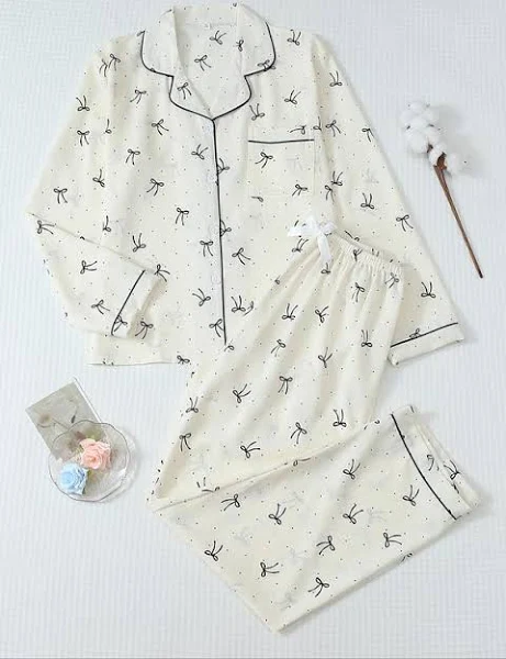 Women's Striped Bow Print Long Sleeve Pajama Set, Sweet Cute Button Front Top and Pants, Casual Home Wear for All Seasons
