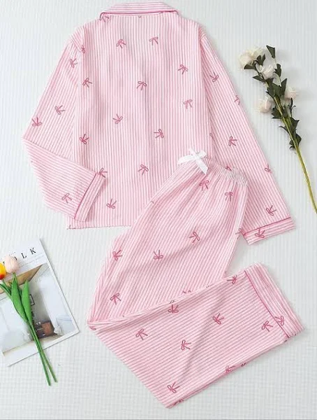 Women's Striped Bow Print Long Sleeve Pajama Set, Sweet Cute Button Front Top and Pants, Casual Home Wear for All Seasons