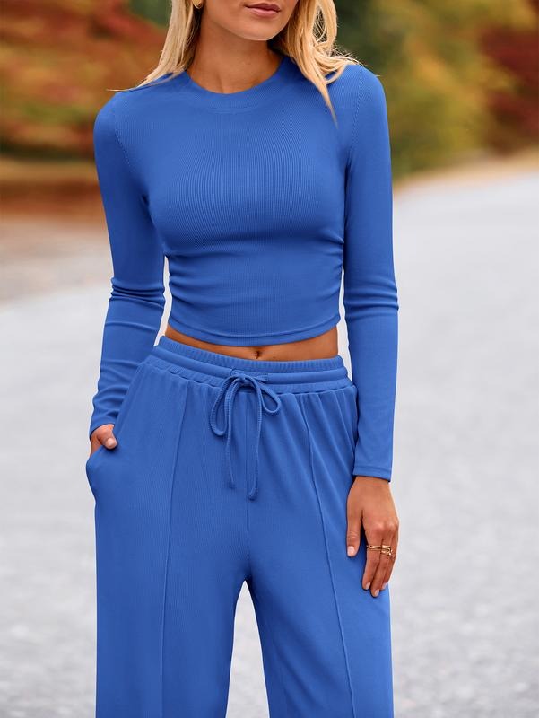 BTFBM 2-Piece Ribbed Knit Long Sleeve Crop Top Wide Leg Pants Matching Lounge Set Loungewear