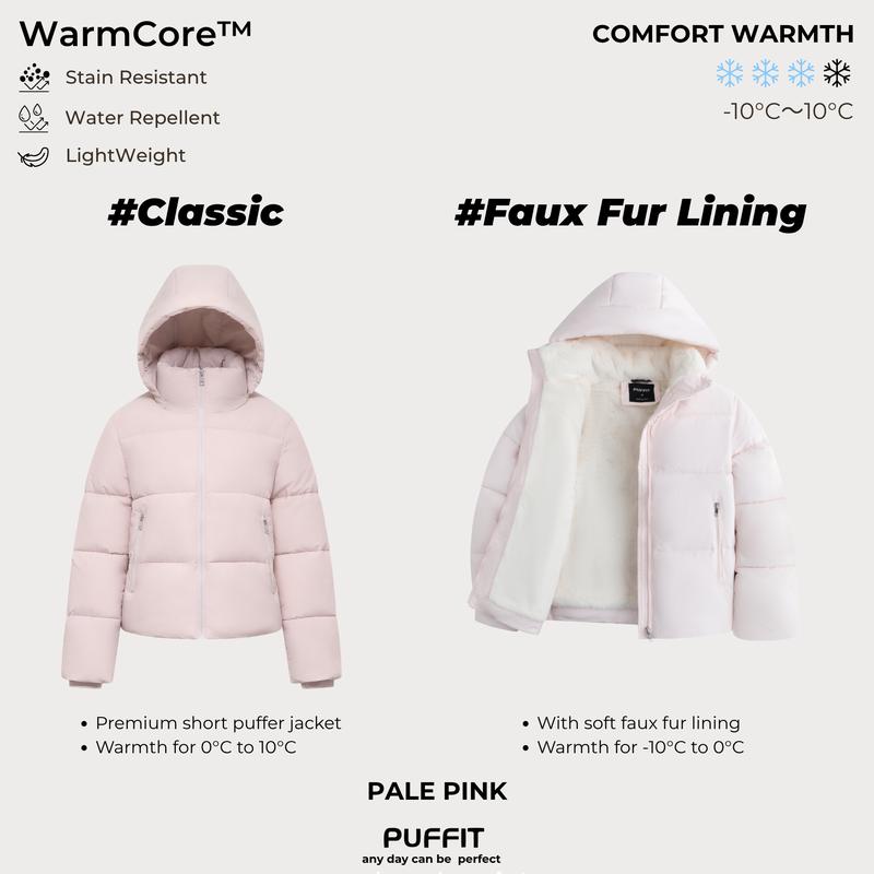 PUFFIT WarmCore Premium Short Puffer Jackets with Removable Hood & Optional Faux Fur Linging, Lady Casual Outerwear Longsleeves Zip Pockets Warm Quilted Coat