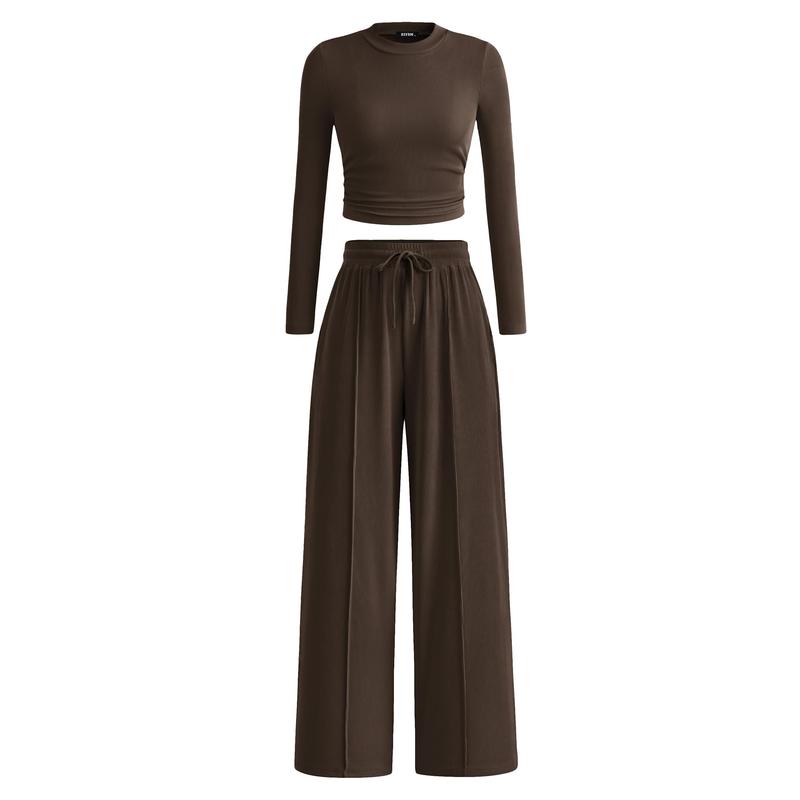 BTFBM 2-Piece Ribbed Knit Long Sleeve Crop Top Wide Leg Pants Matching Lounge Set Loungewear