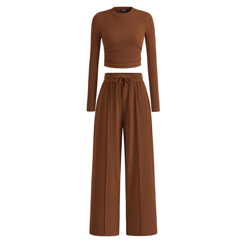BTFBM 2-Piece Ribbed Knit Long Sleeve Crop Top Wide Leg Pants Matching Lounge Set Loungewear