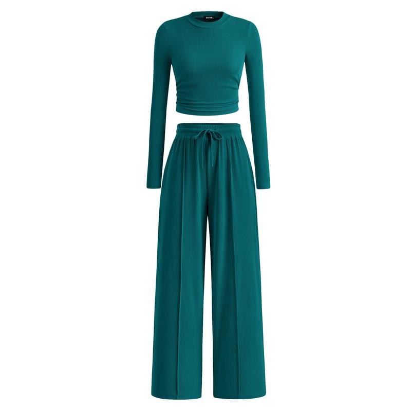 BTFBM 2-Piece Ribbed Knit Long Sleeve Crop Top Wide Leg Pants Matching Lounge Set Loungewear