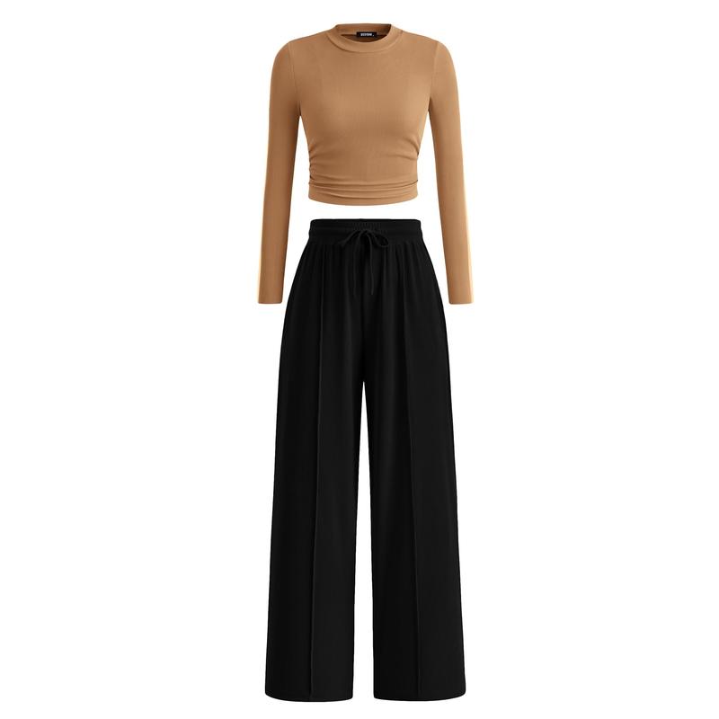 BTFBM 2-Piece Ribbed Knit Long Sleeve Crop Top Wide Leg Pants Matching Lounge Set Loungewear