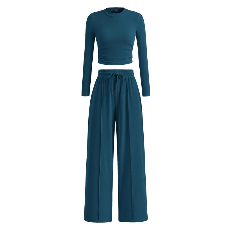 BTFBM 2-Piece Ribbed Knit Long Sleeve Crop Top Wide Leg Pants Matching Lounge Set Loungewear