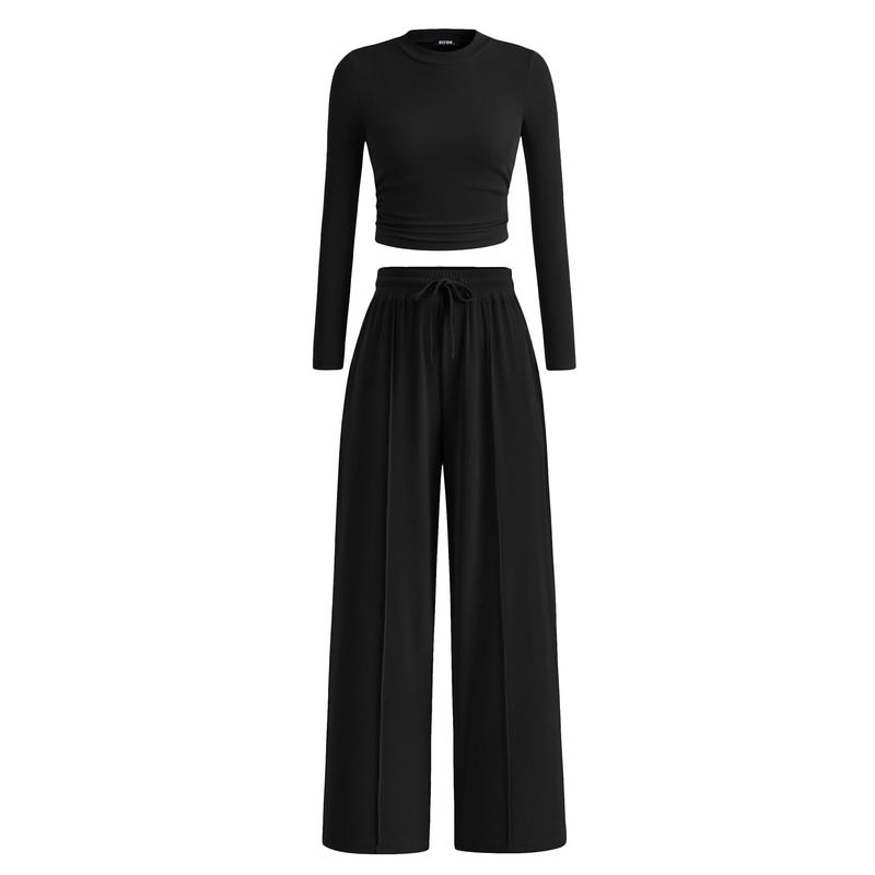 BTFBM 2-Piece Ribbed Knit Long Sleeve Crop Top Wide Leg Pants Matching Lounge Set Loungewear