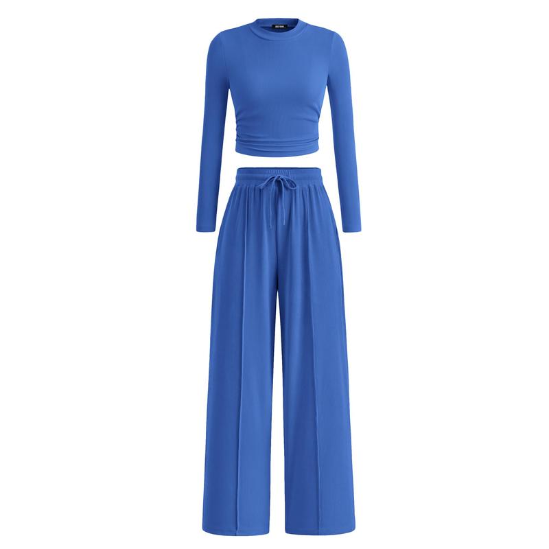 BTFBM 2-Piece Ribbed Knit Long Sleeve Crop Top Wide Leg Pants Matching Lounge Set Loungewear