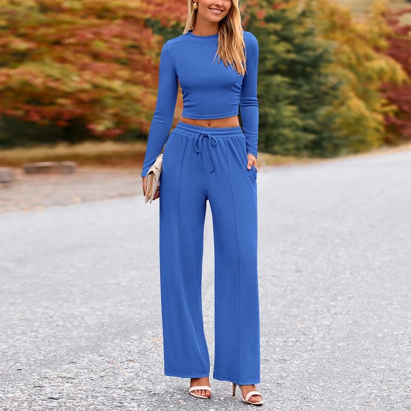 BTFBM 2-Piece Ribbed Knit Long Sleeve Crop Top Wide Leg Pants Matching Lounge Set Loungewear