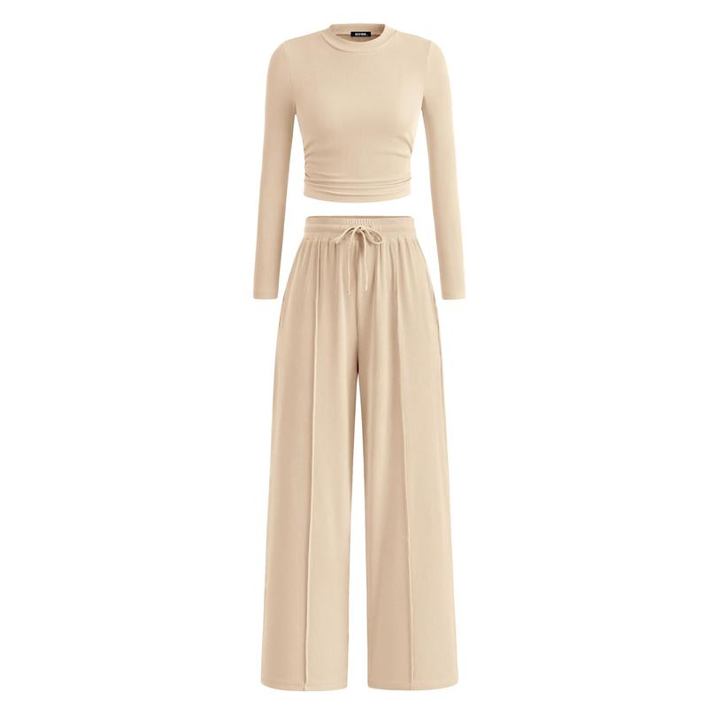 BTFBM 2-Piece Ribbed Knit Long Sleeve Crop Top Wide Leg Pants Matching Lounge Set Loungewear