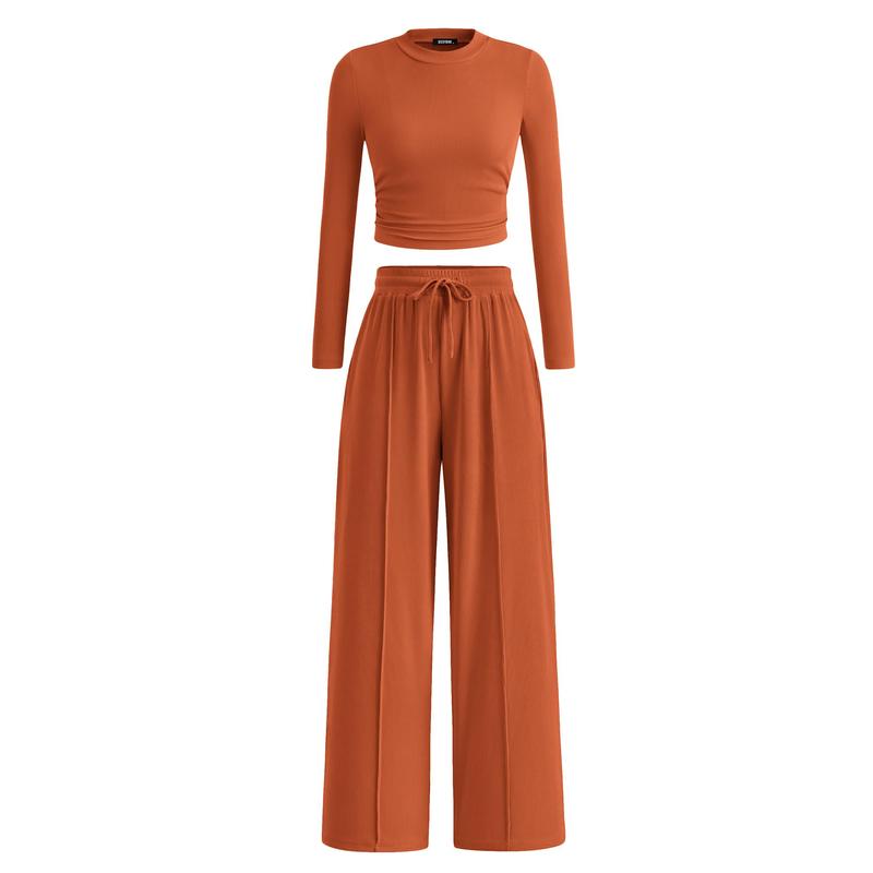BTFBM 2-Piece Ribbed Knit Long Sleeve Crop Top Wide Leg Pants Matching Lounge Set Loungewear
