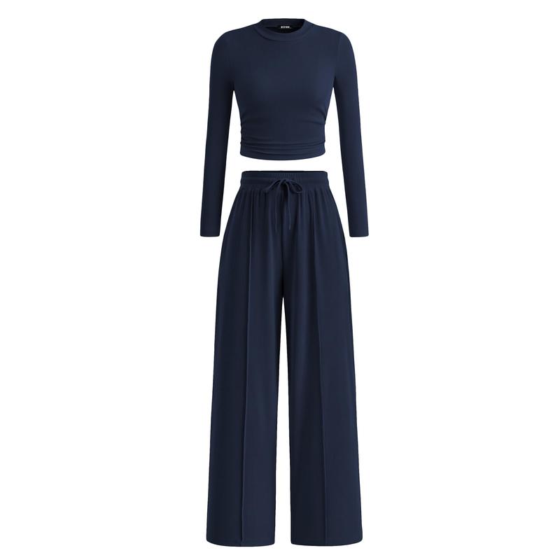 BTFBM 2-Piece Ribbed Knit Long Sleeve Crop Top Wide Leg Pants Matching Lounge Set Loungewear