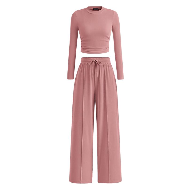 BTFBM 2-Piece Ribbed Knit Long Sleeve Crop Top Wide Leg Pants Matching Lounge Set Loungewear