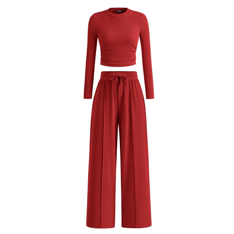 BTFBM 2-Piece Ribbed Knit Long Sleeve Crop Top Wide Leg Pants Matching Lounge Set Loungewear