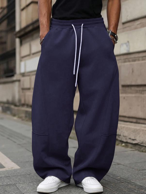 Unisex Drawstring Waist Winter Warm Straight Wide-Leg Loose Fit Jogger Pants with Pockets