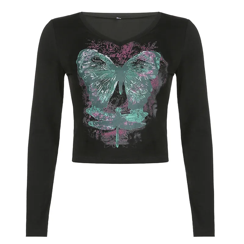 Beautiful Butterfly Print Slim V-neck Long-sleeved T-shirt