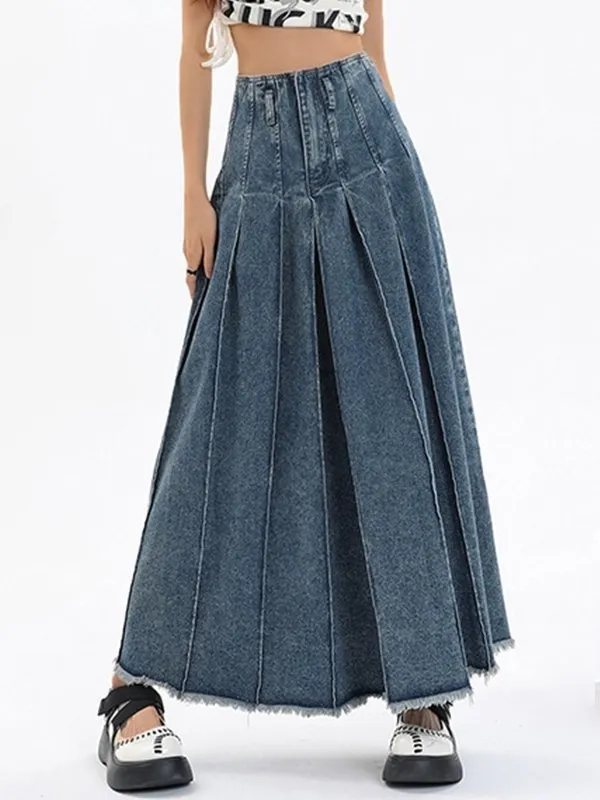 Vintage Denim Pleated Midi Skirt
