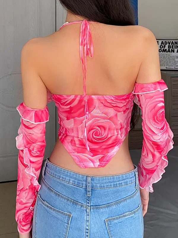 V Neck Tie Dye Print Ruffle Long Sleeve Tee