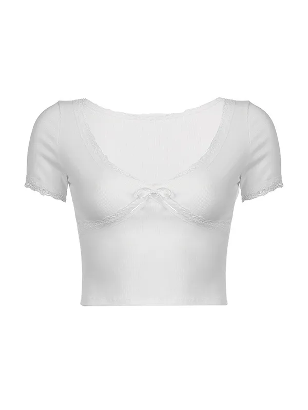 V Neck Lace Panel Short Sleeved Tee