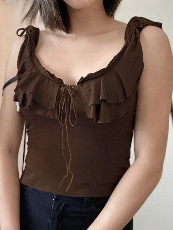 Ruffle Neck Ties Tank Top